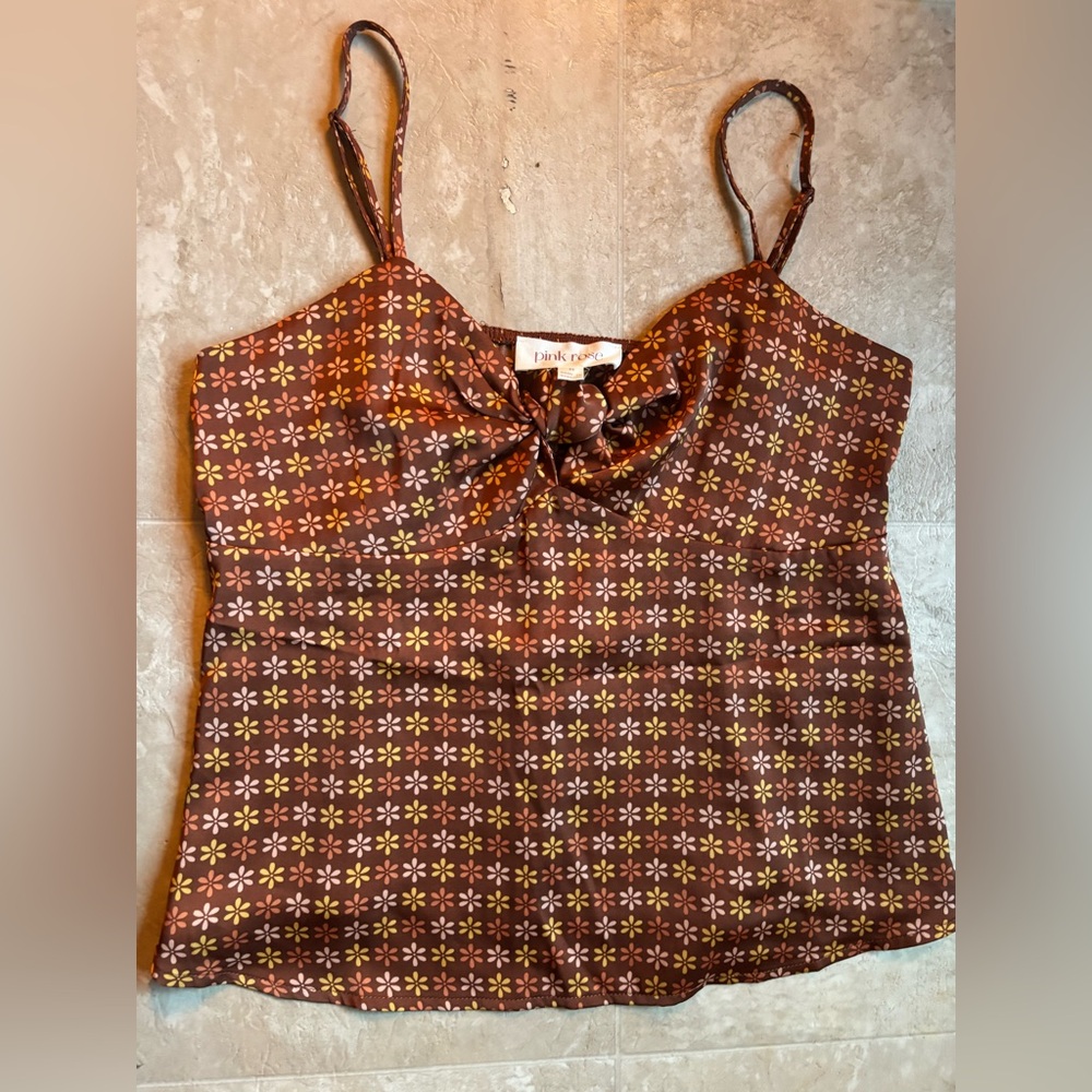 Pink Rose Boho Silky Like Top Cami Hippy Style Tank Size Medium •
